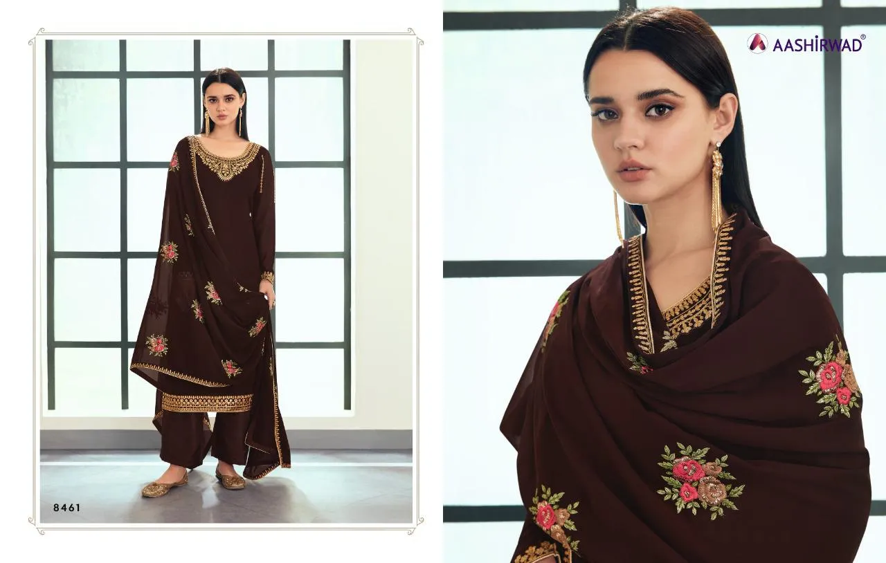 AASHIRWAD SUNHERI HEAVY EMBROIDERED SUITS SERIES 8458 TO 8462