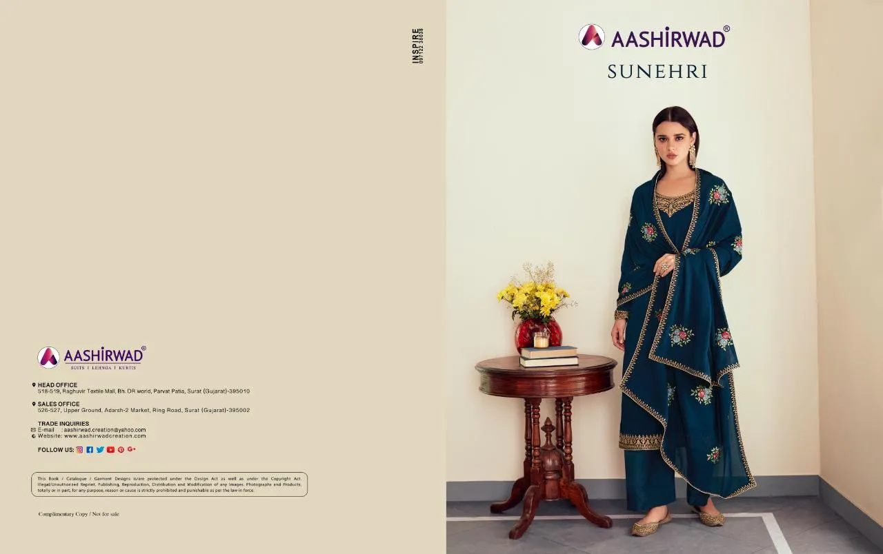 AASHIRWAD SUNHERI HEAVY EMBROIDERED SUITS SERIES 8458 TO 8462