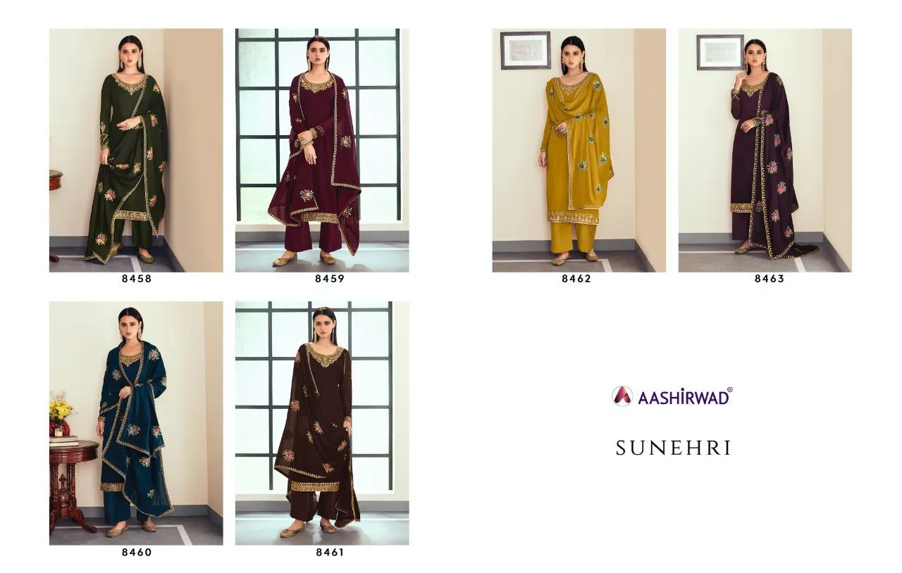 AASHIRWAD SUNHERI HEAVY EMBROIDERED SUITS SERIES 8458 TO 8462