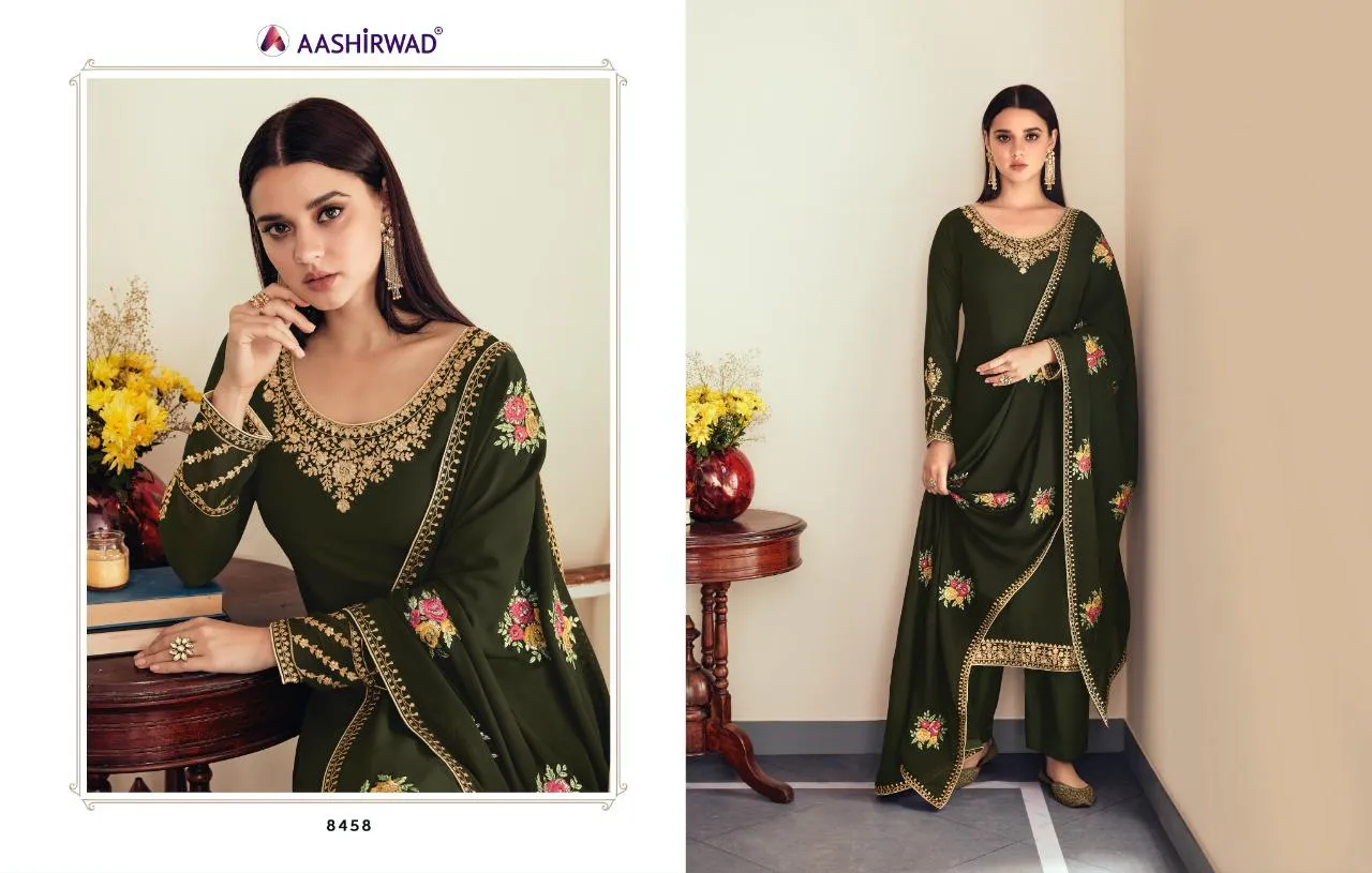 AASHIRWAD SUNHERI HEAVY EMBROIDERED SUITS SERIES 8458 TO 8462