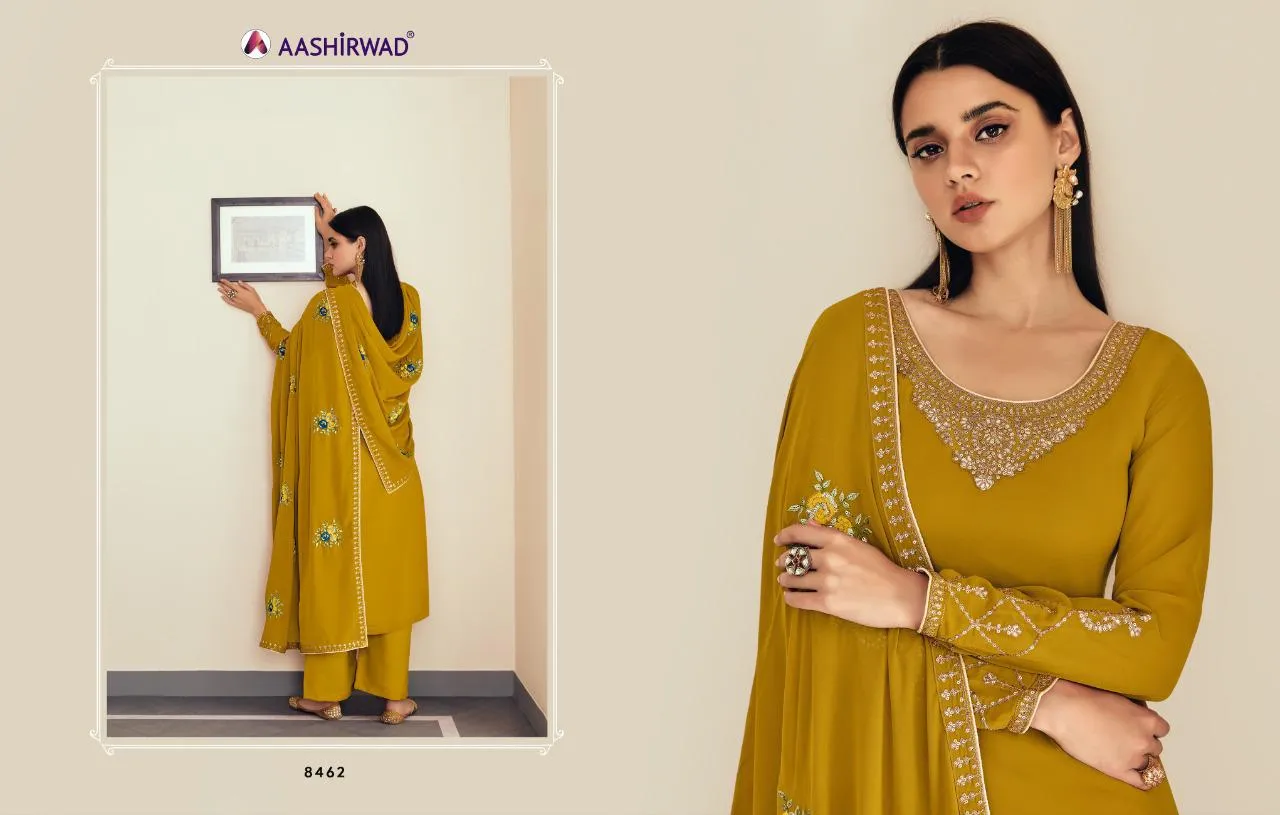 AASHIRWAD SUNHERI HEAVY EMBROIDERED SUITS SERIES 8458 TO 8462