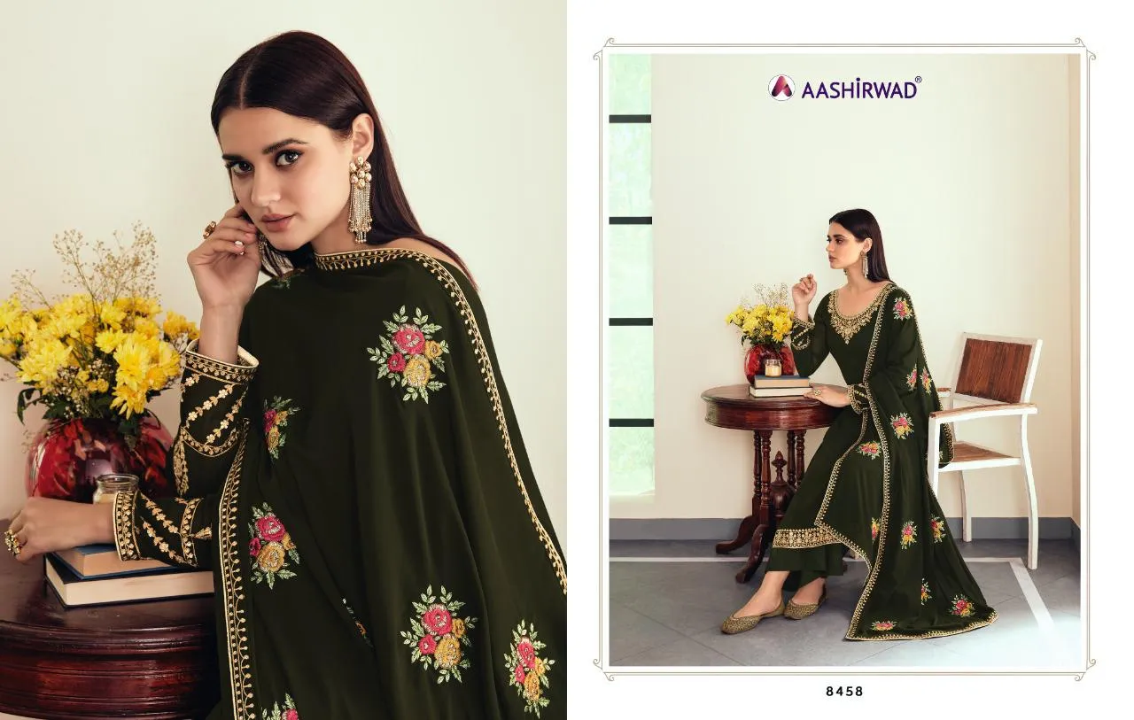 AASHIRWAD SUNHERI HEAVY EMBROIDERED SUITS SERIES 8458 TO 8462