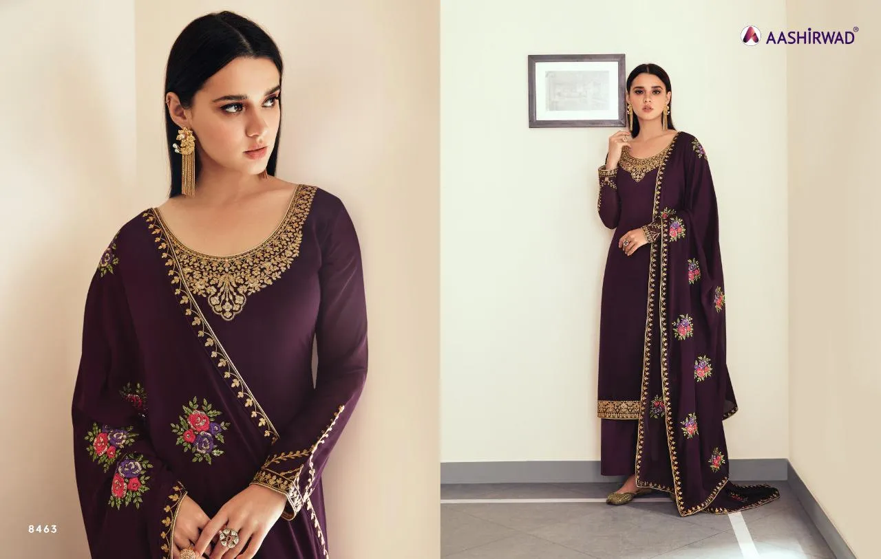 AASHIRWAD SUNHERI HEAVY EMBROIDERED SUITS SERIES 8458 TO 8462