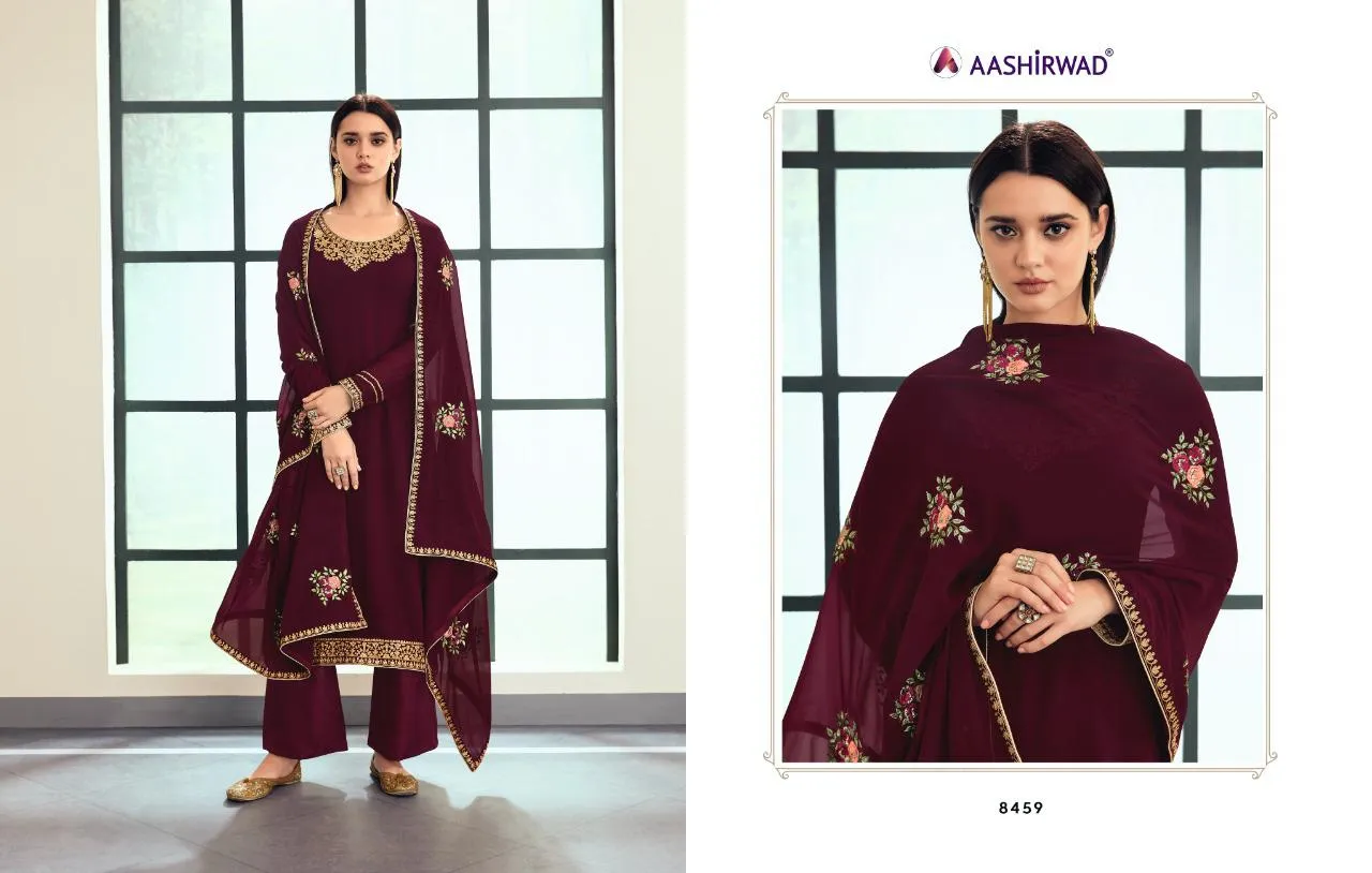AASHIRWAD SUNHERI HEAVY EMBROIDERED SUITS SERIES 8458 TO 8462
