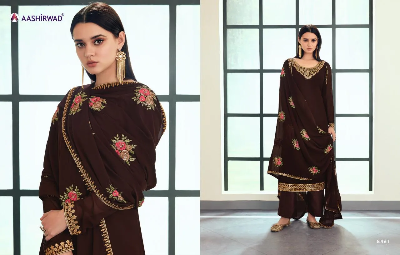 AASHIRWAD SUNHERI HEAVY EMBROIDERED SUITS SERIES 8458 TO 8462