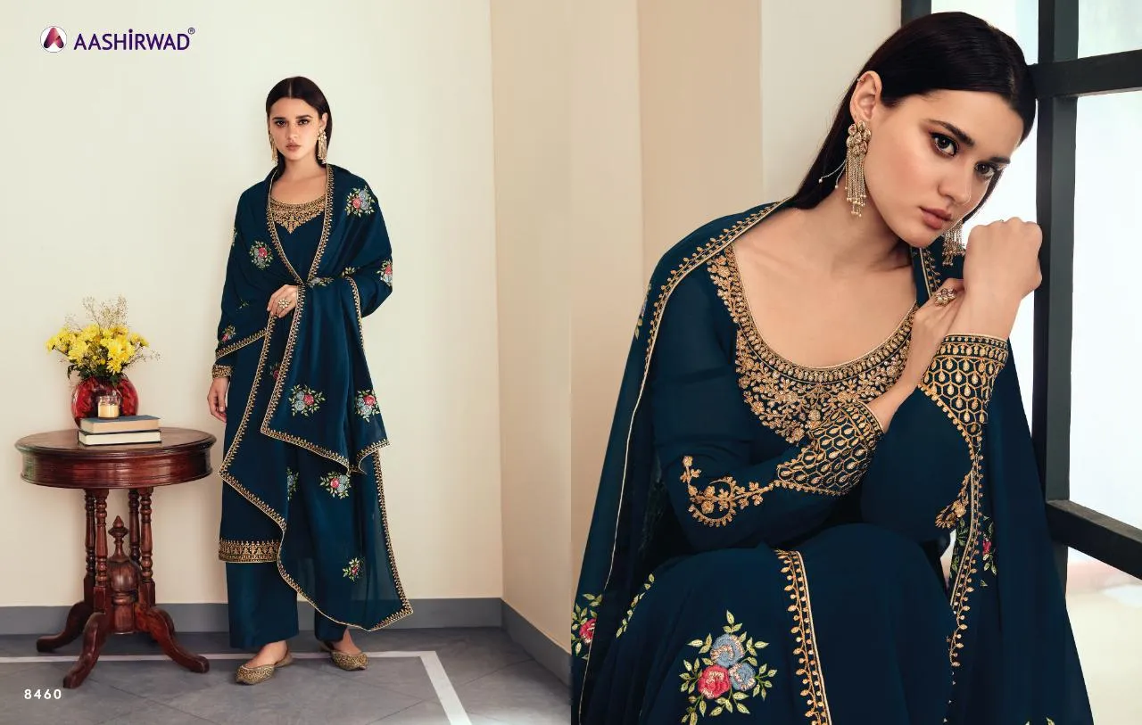 AASHIRWAD SUNHERI HEAVY EMBROIDERED SUITS SERIES 8458 TO 8462