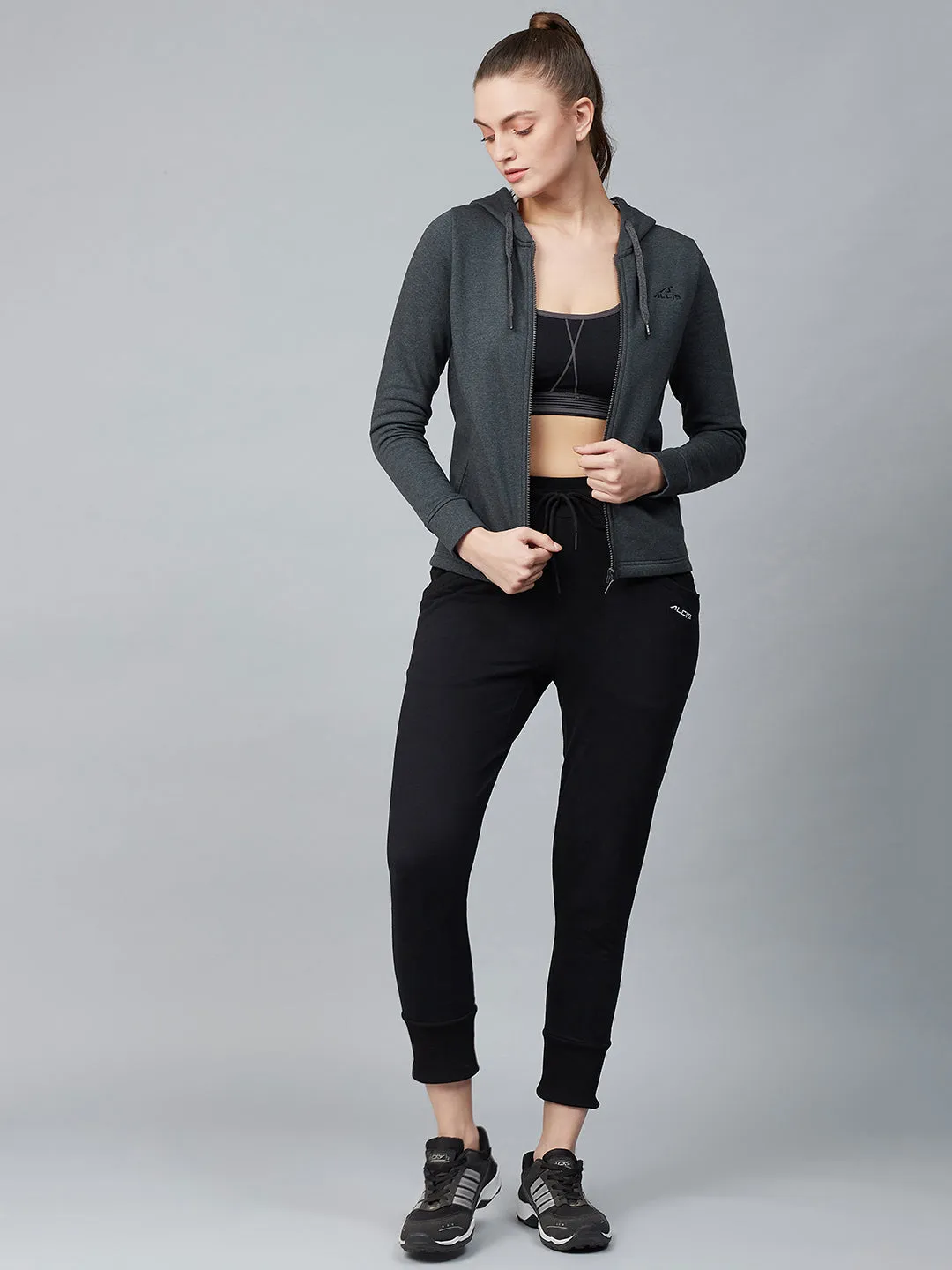 Alcis Women Charcoal Grey Solid Hooded Front-Open Sweatshirt