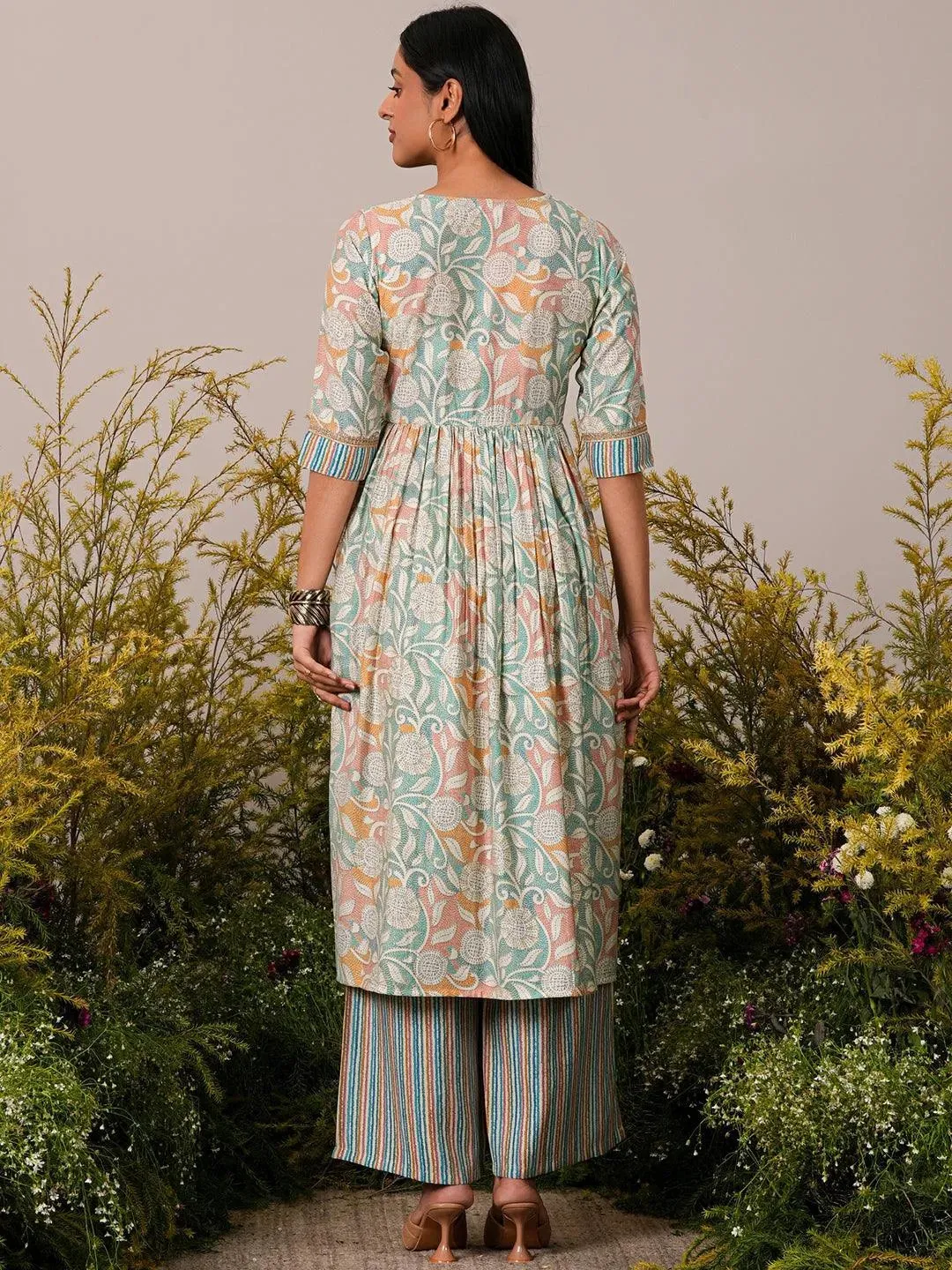 Beige Printed Silk Blend Anarkali Kurta Set