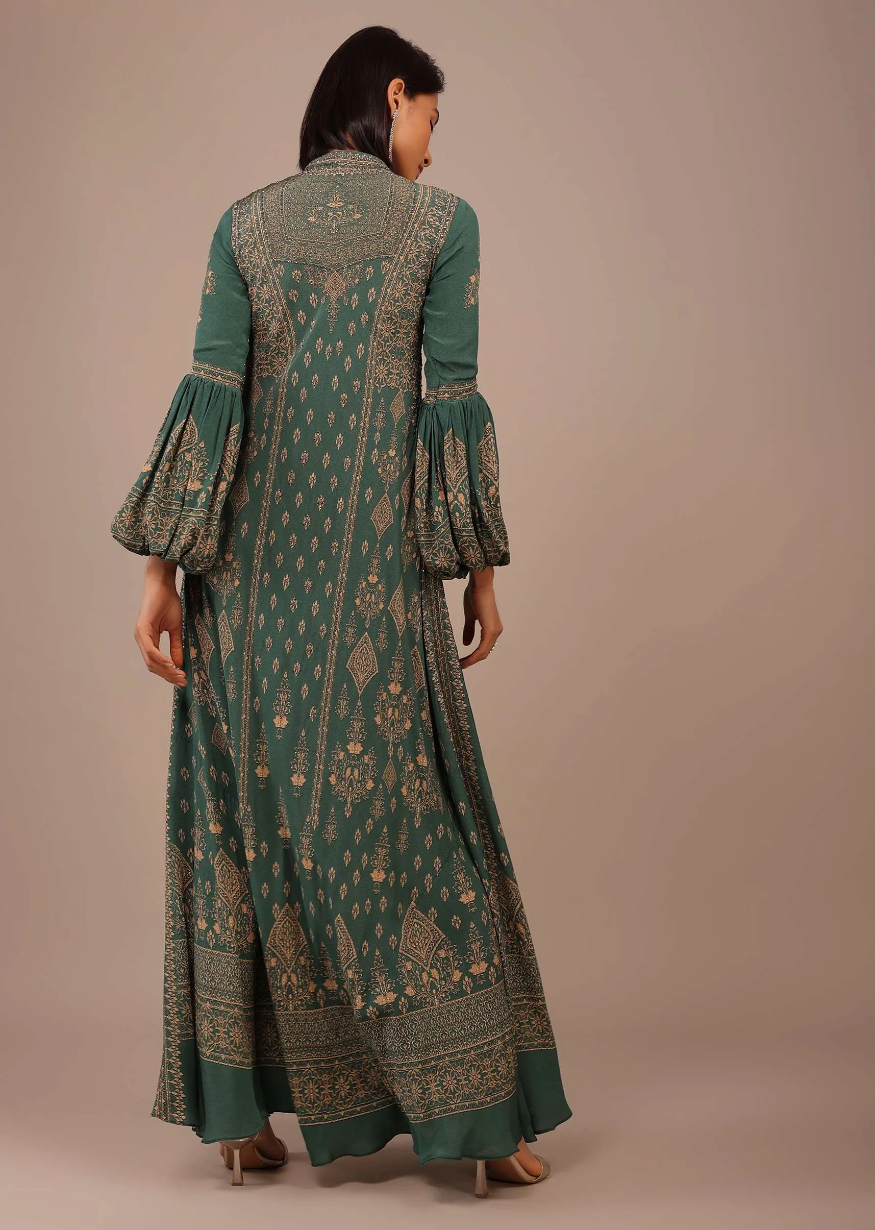 Deep Green Printed Anarkali Kurti With Stone Work In Crepe