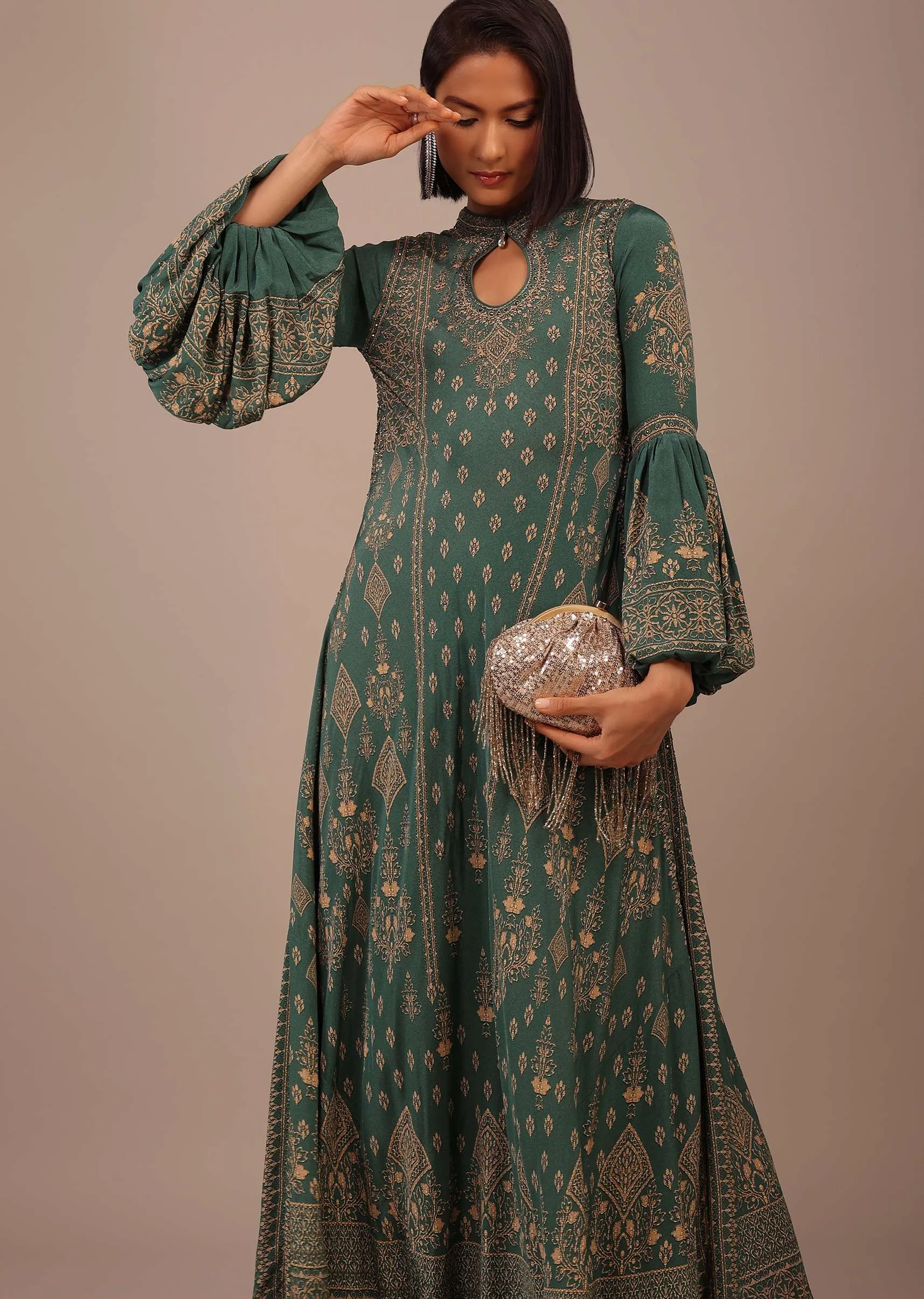 Deep Green Printed Anarkali Kurti With Stone Work In Crepe