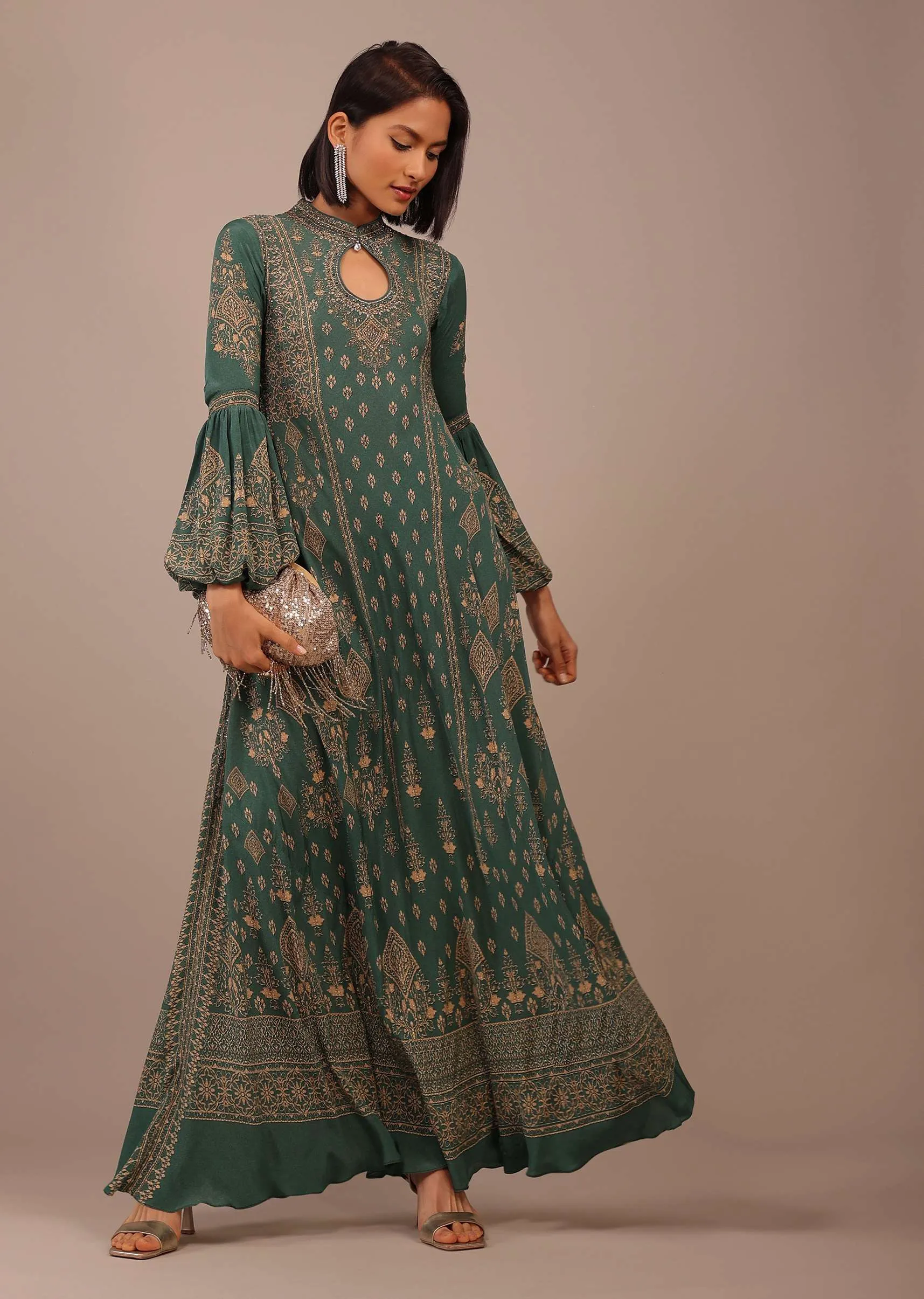 Deep Green Printed Anarkali Kurti With Stone Work In Crepe