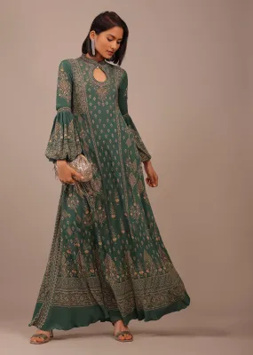 Deep Green Printed Anarkali Kurti With Stone Work In Crepe
