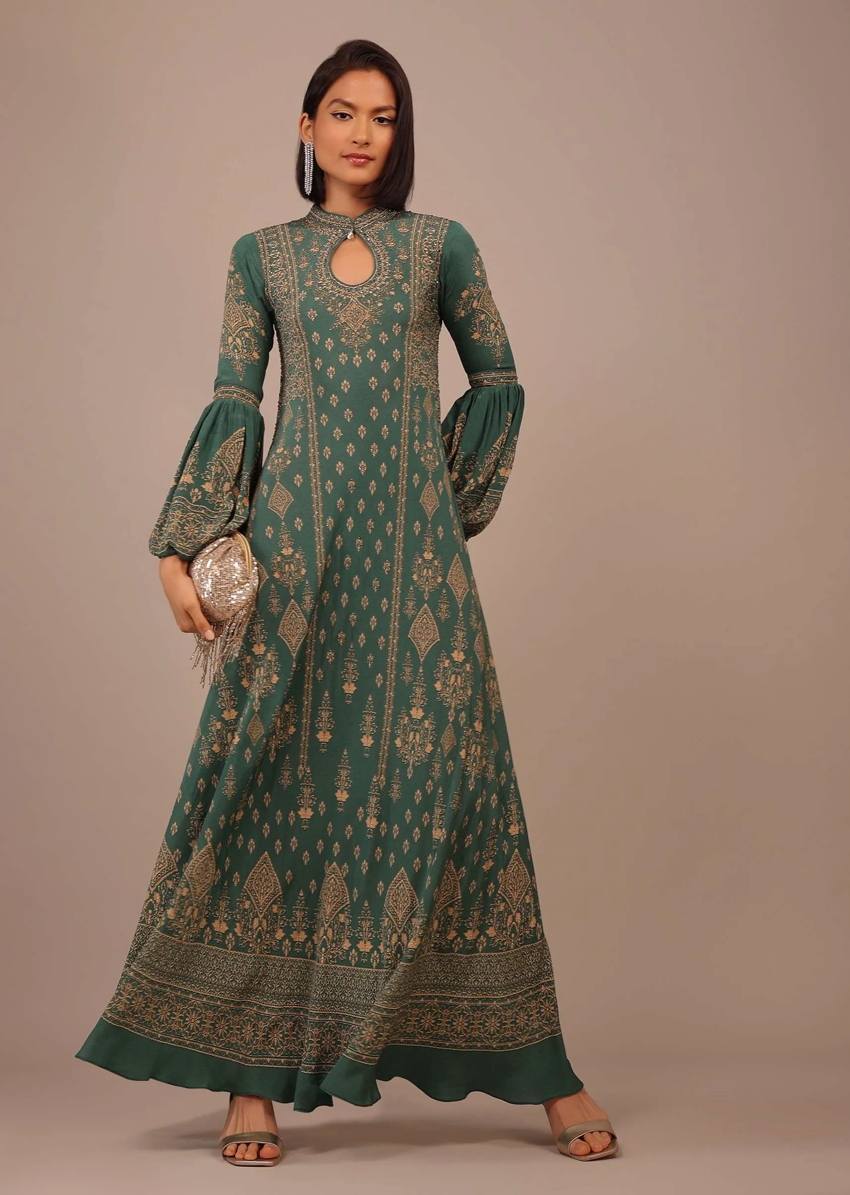 Deep Green Printed Anarkali Kurti With Stone Work In Crepe