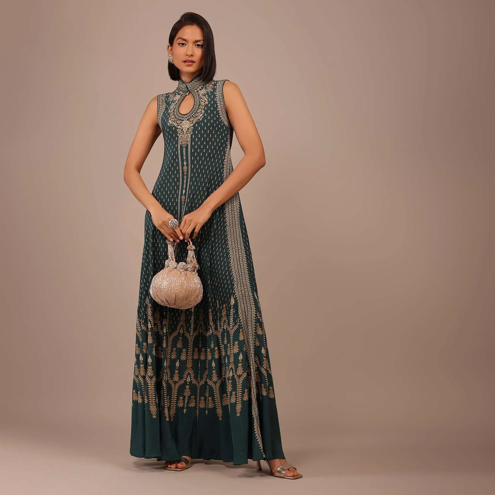 Deep Green Printed Anarkali Kurti With Stonework In Crepe