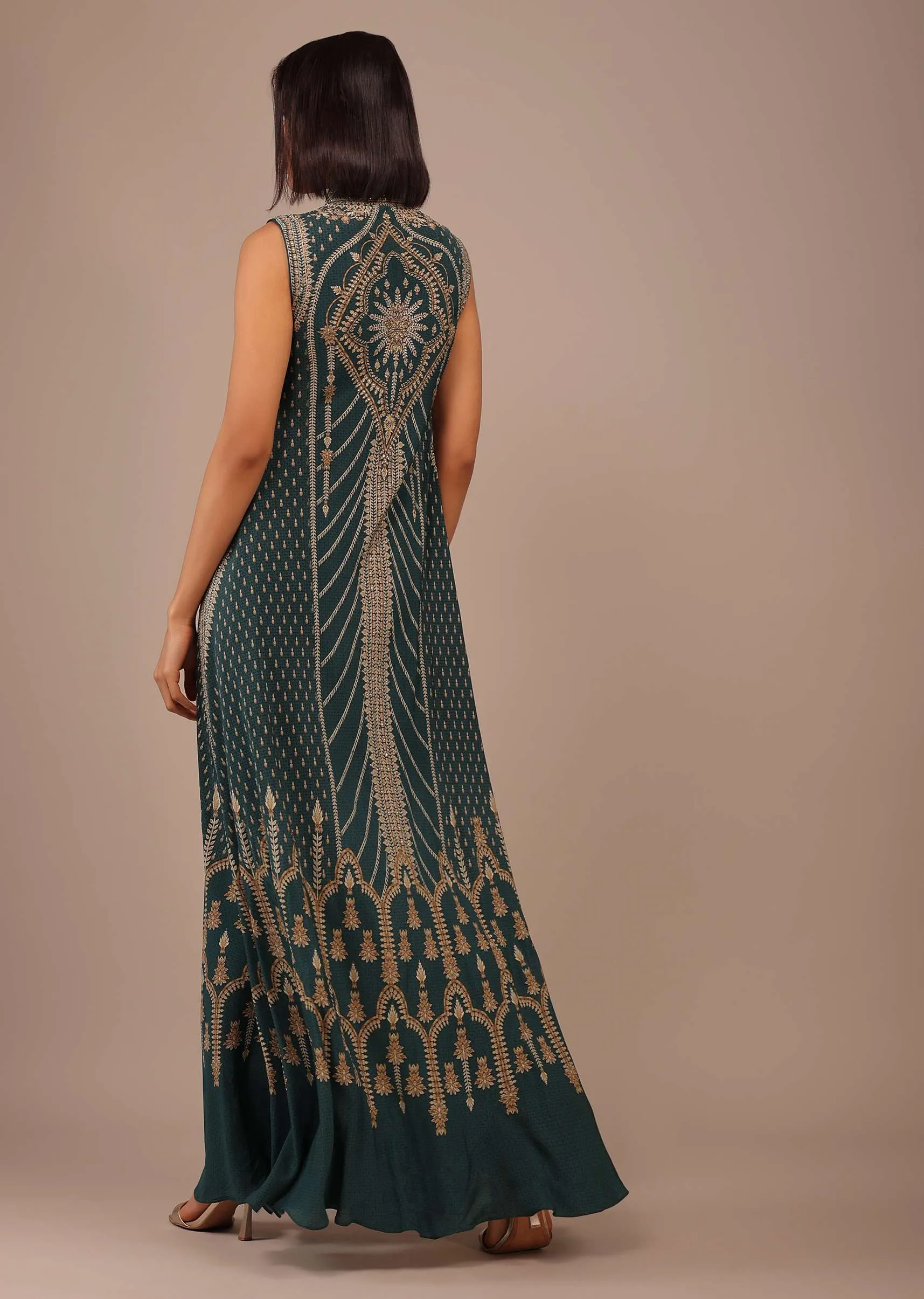 Deep Green Printed Anarkali Kurti With Stonework In Crepe