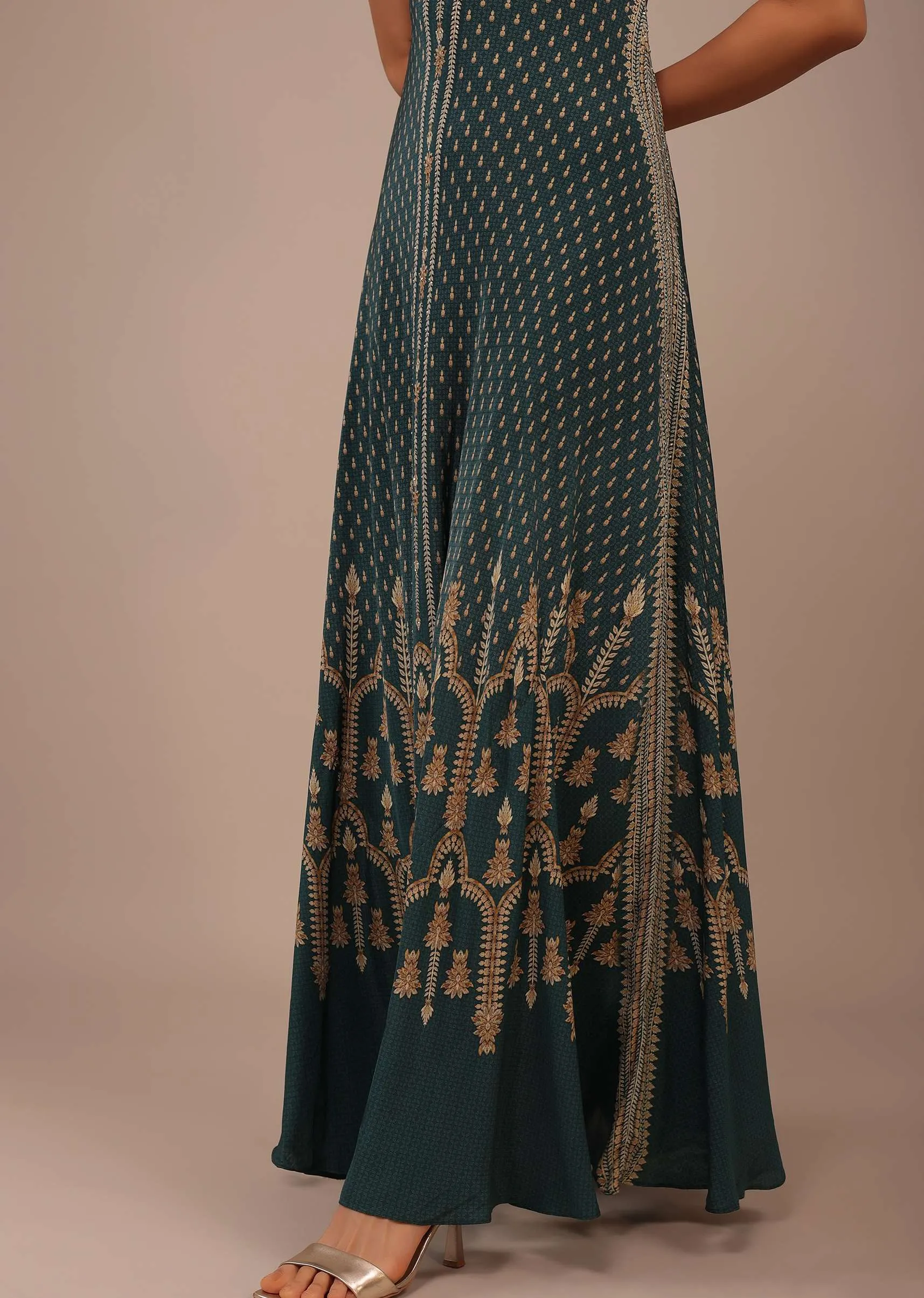 Deep Green Printed Anarkali Kurti With Stonework In Crepe