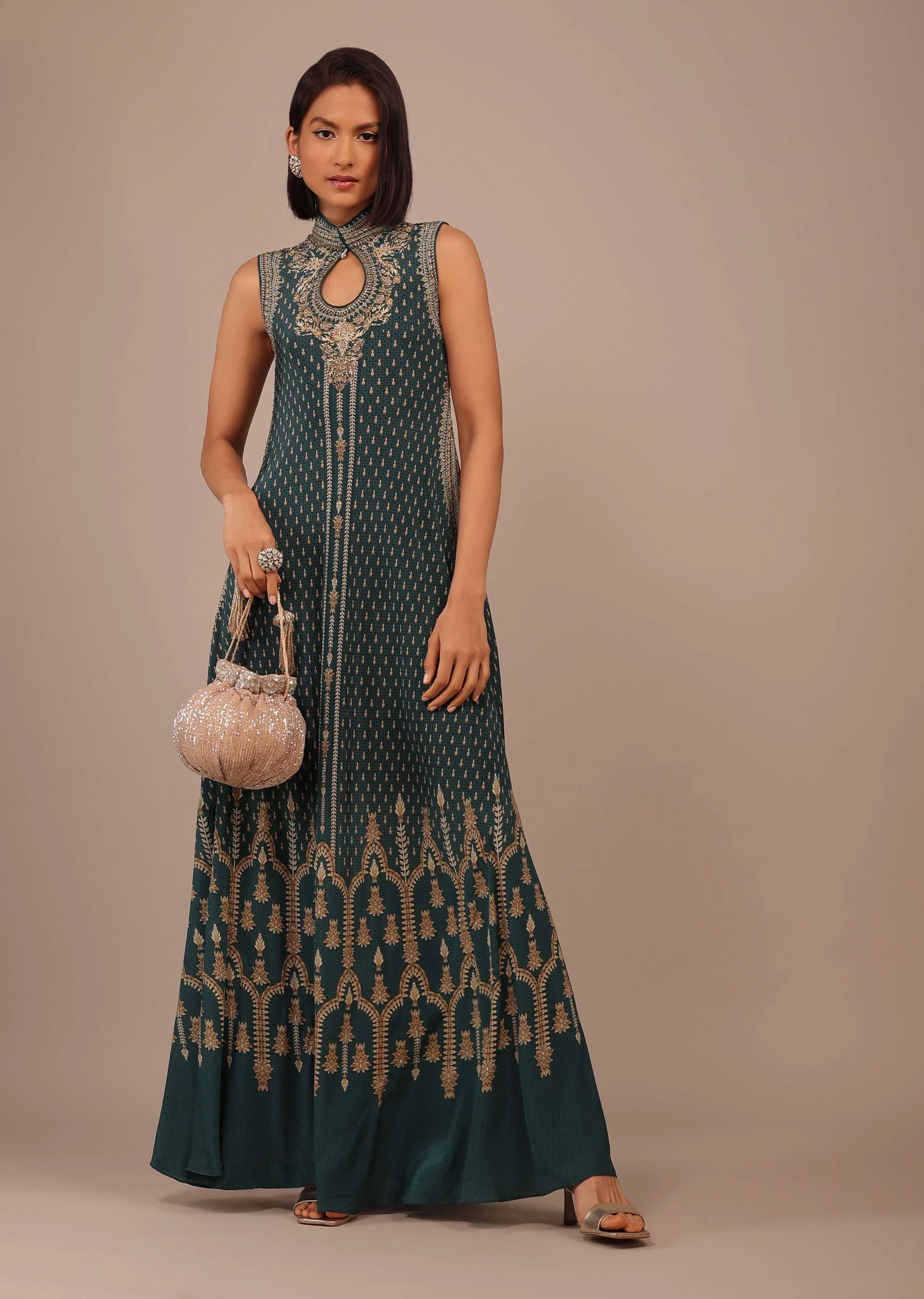 Deep Green Printed Anarkali Kurti With Stonework In Crepe