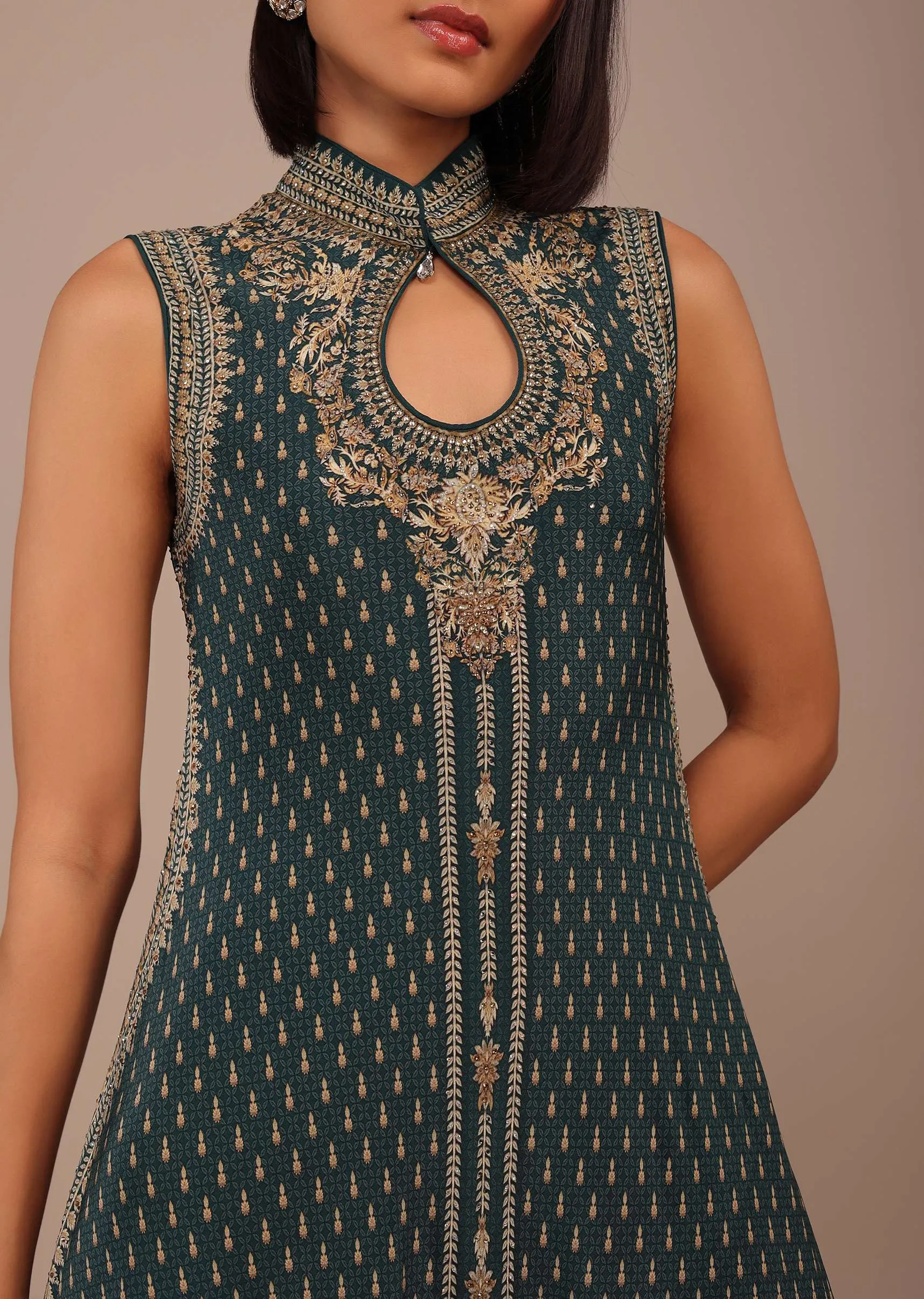 Deep Green Printed Anarkali Kurti With Stonework In Crepe