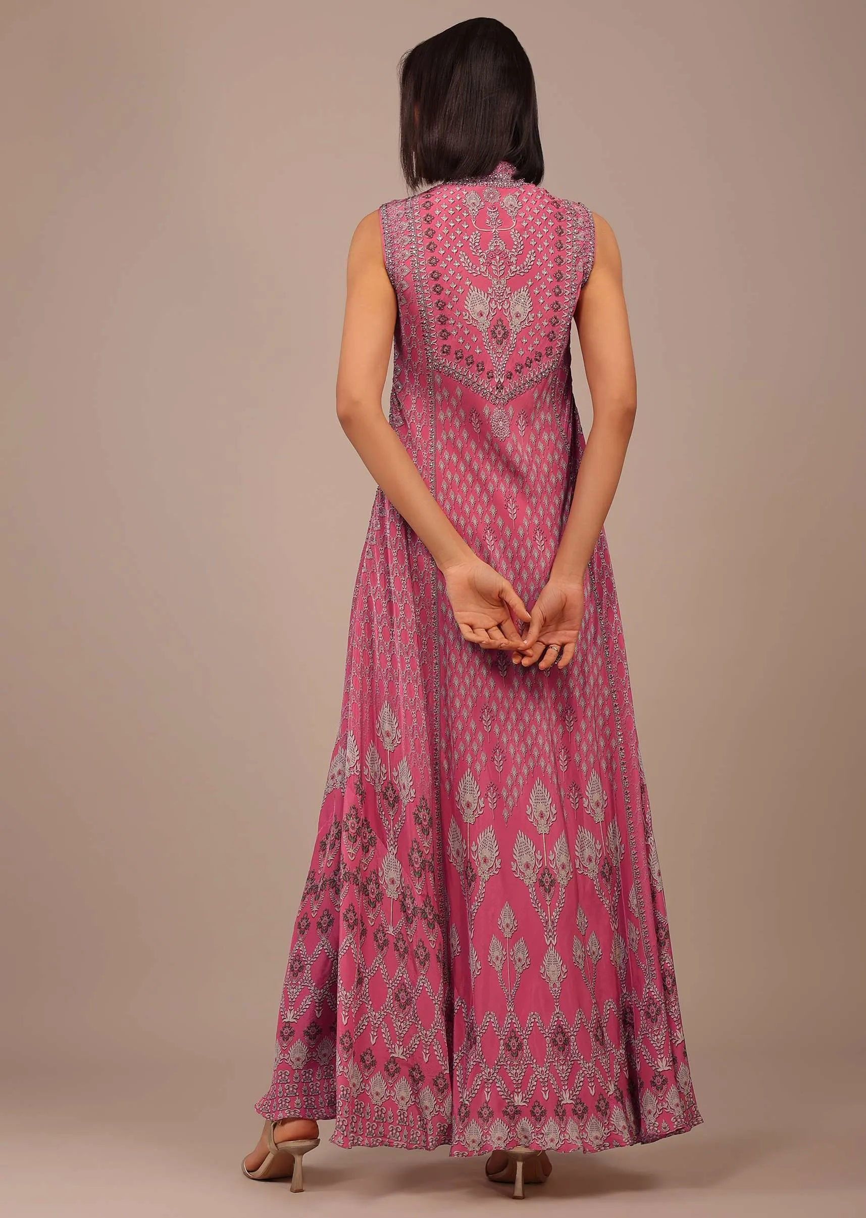 Fuschia Pink Printed Anarkali Kurti With Stonework In Crepe