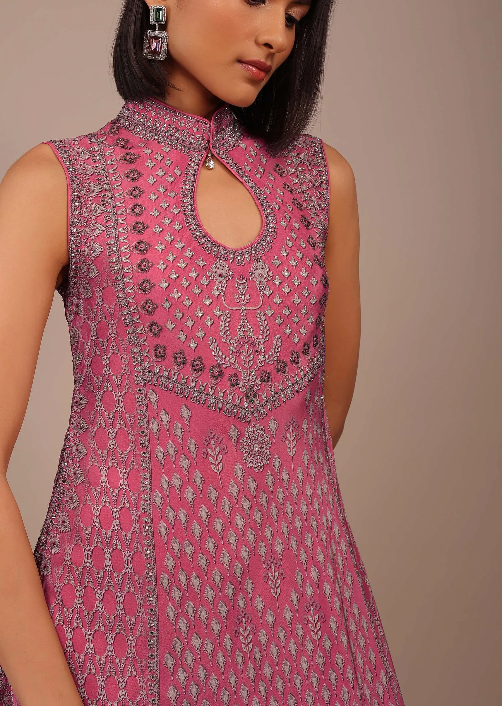 Fuschia Pink Printed Anarkali Kurti With Stonework In Crepe