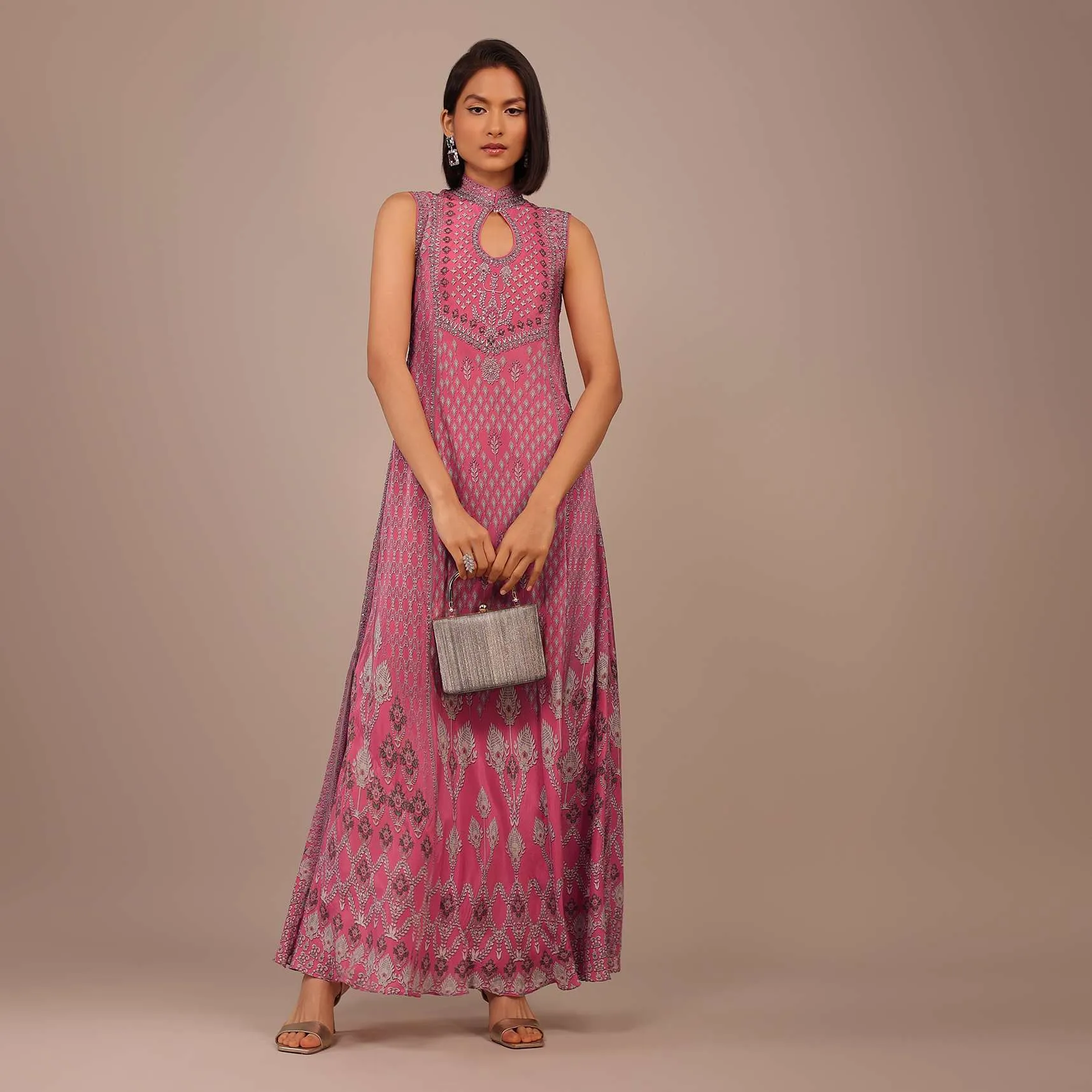 Fuschia Pink Printed Anarkali Kurti With Stonework In Crepe