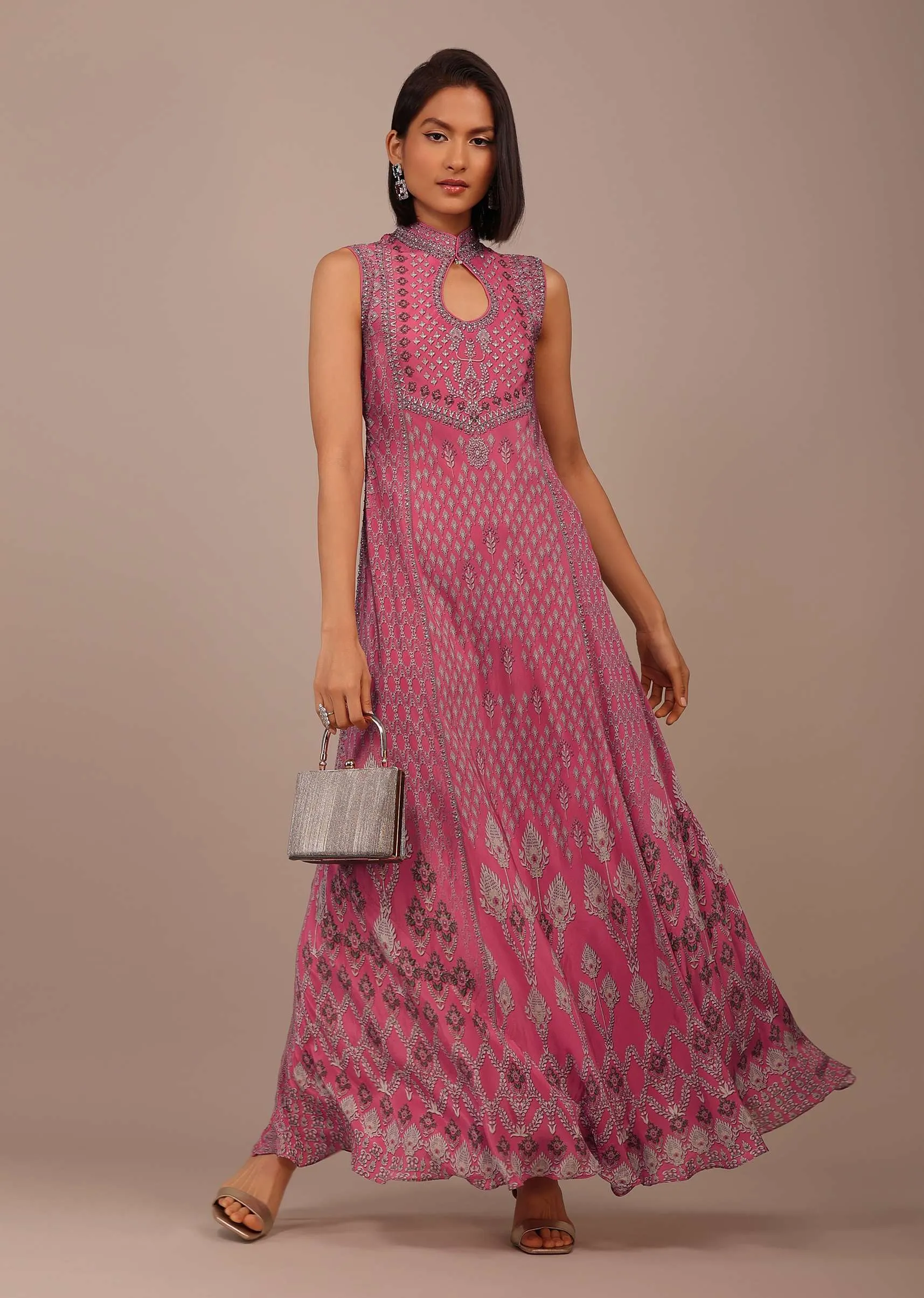 Fuschia Pink Printed Anarkali Kurti With Stonework In Crepe