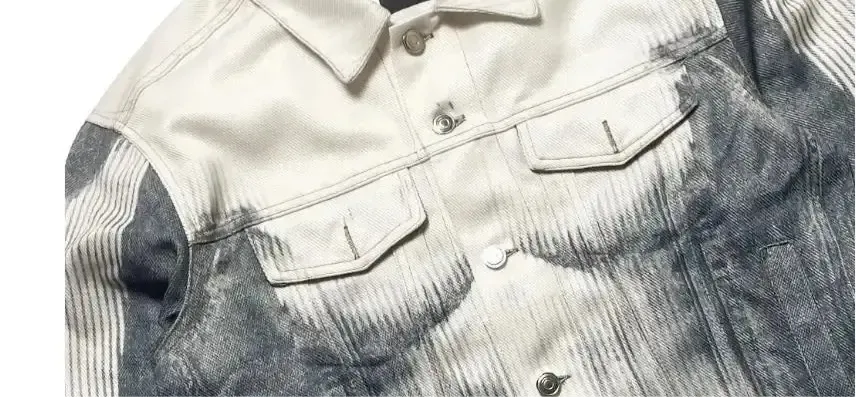 Grunge Striped Printed Washed Denim Jacket