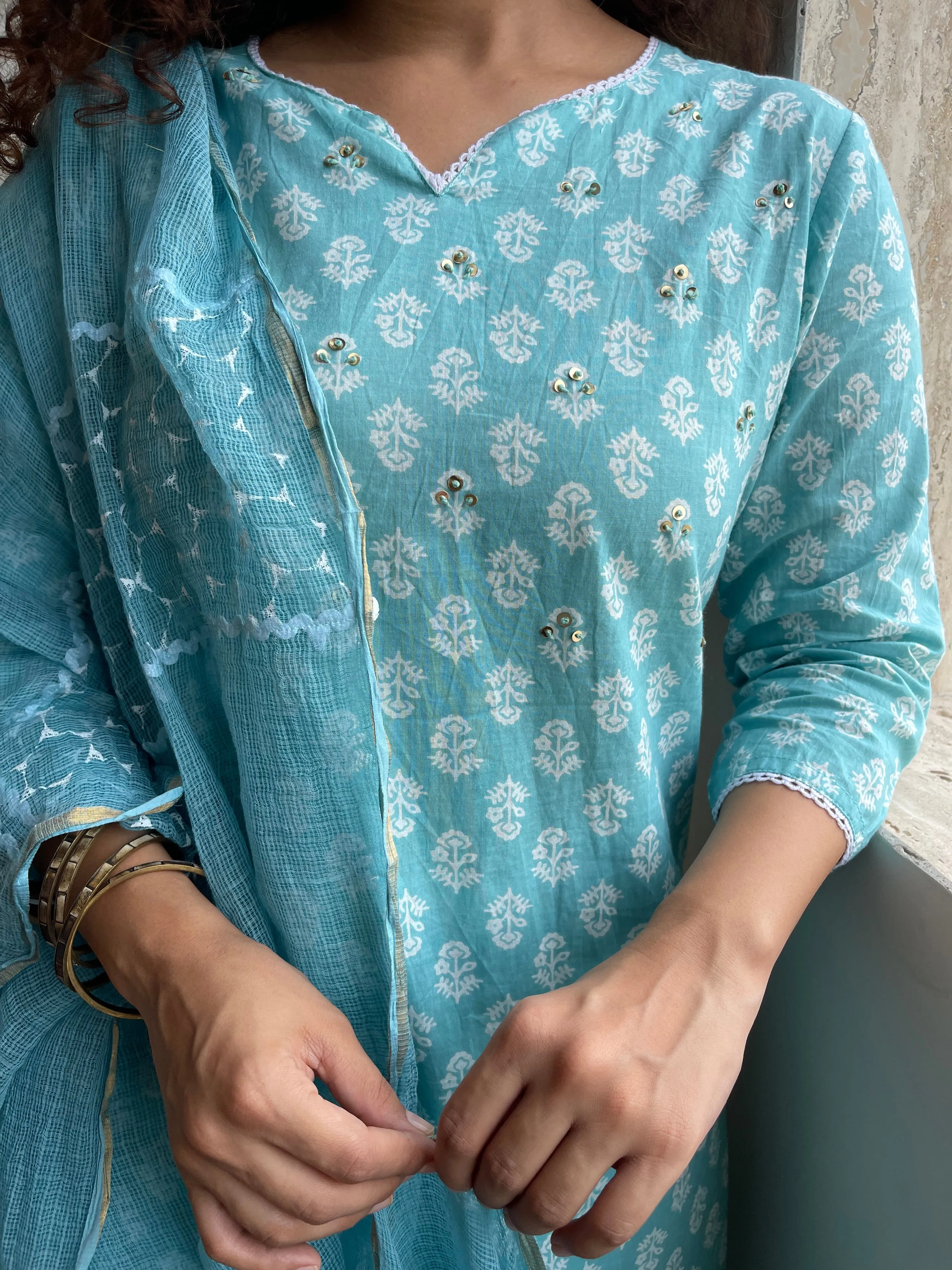 Lotus Blue Cotton Kurta Suit Set