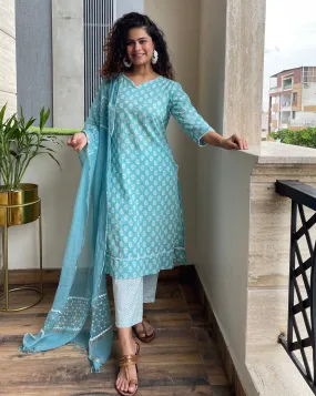 Lotus Blue Cotton Kurta Suit Set