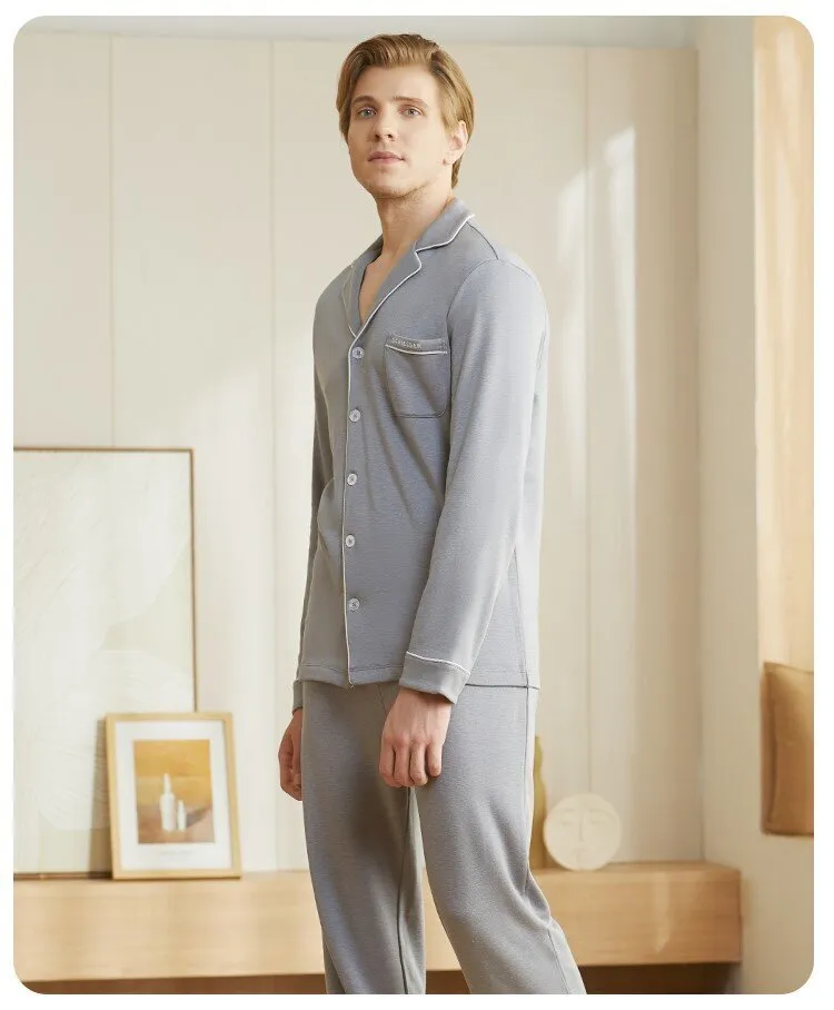 Men's Amino Lapel Long Sleeved Winter Sleepwear Homewear Set