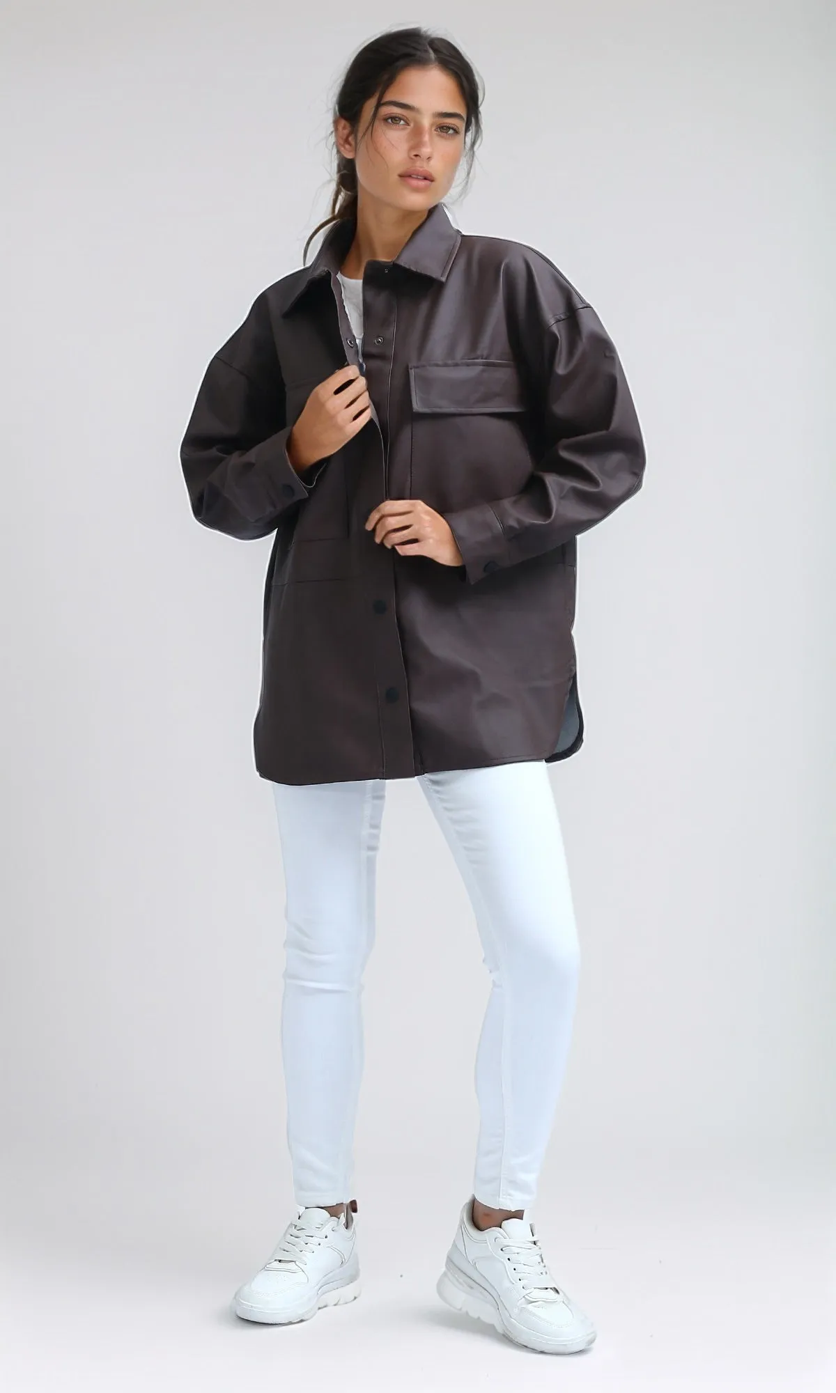 O198724 - Long Sleeves PU Jacket with Front Pockets - Brown