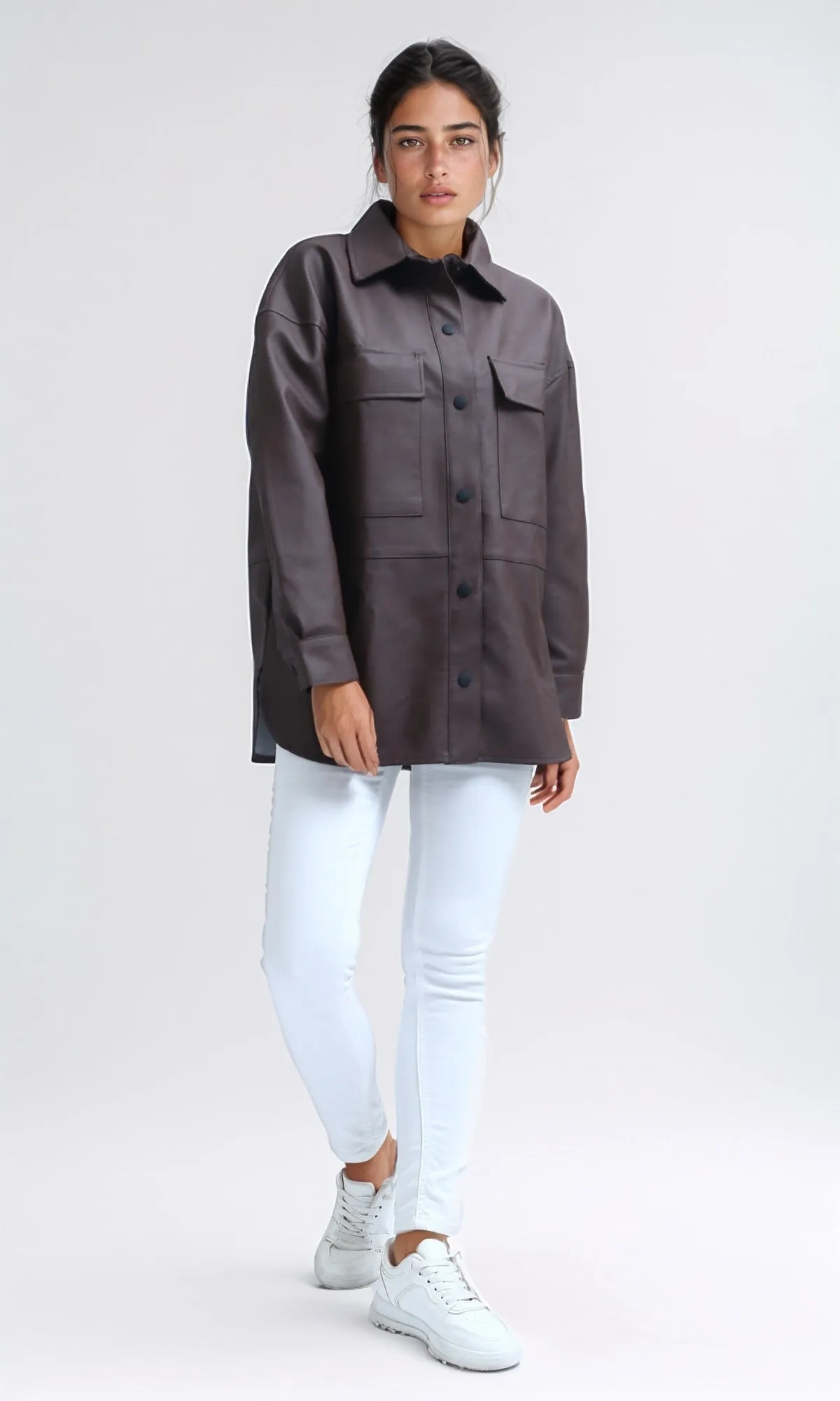 O198724 - Long Sleeves PU Jacket with Front Pockets - Brown