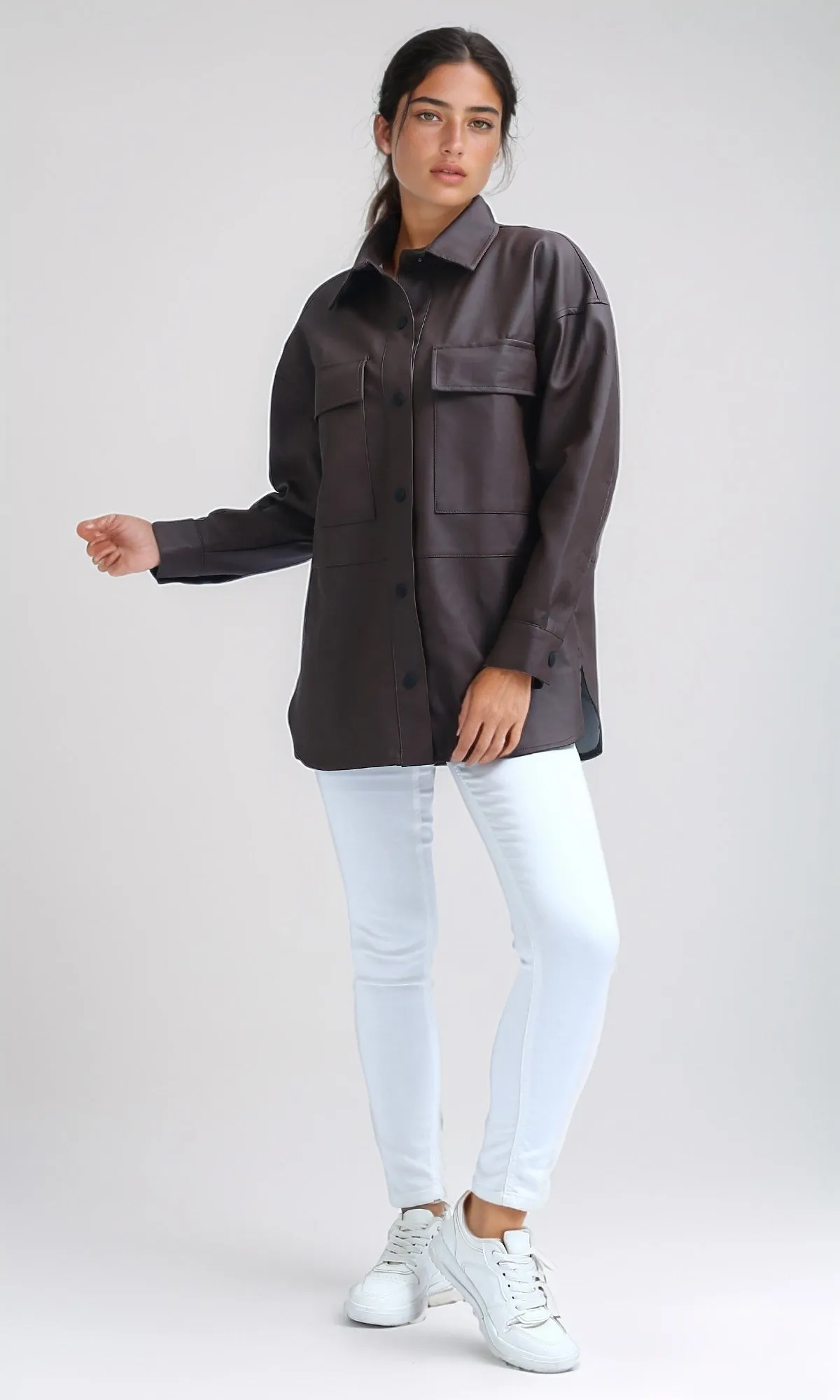 O198724 - Long Sleeves PU Jacket with Front Pockets - Brown