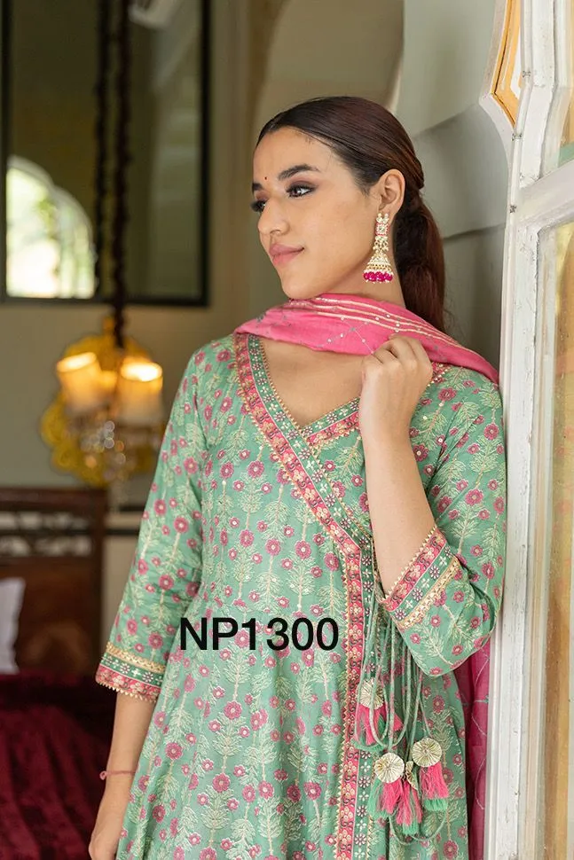Printed Anarkali With Pant And Chanderi Dupatta-NP1300