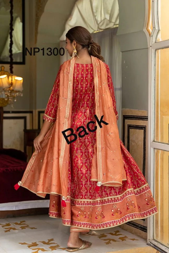 Printed Anarkali With Pant And Chanderi Dupatta-NP1300