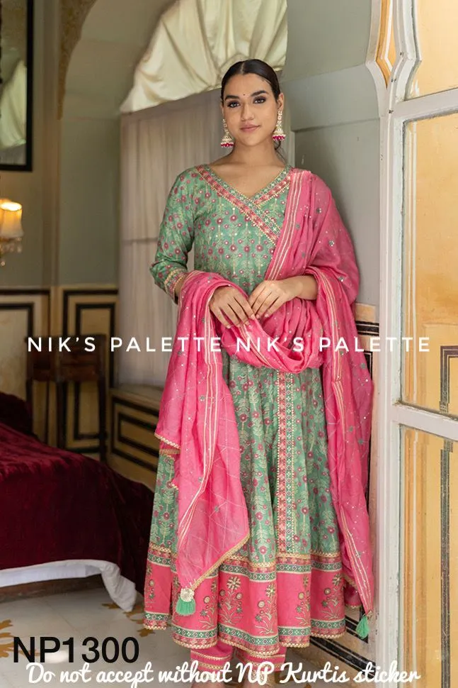 Printed Anarkali With Pant And Chanderi Dupatta-NP1300