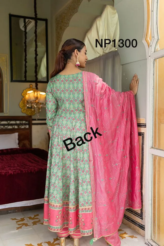 Printed Anarkali With Pant And Chanderi Dupatta-NP1300